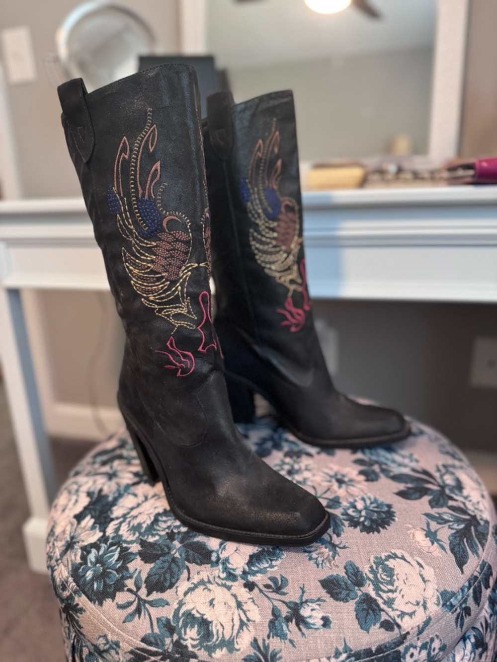 Gianni Bini Black Embroidered Winged Knee-High Boots
